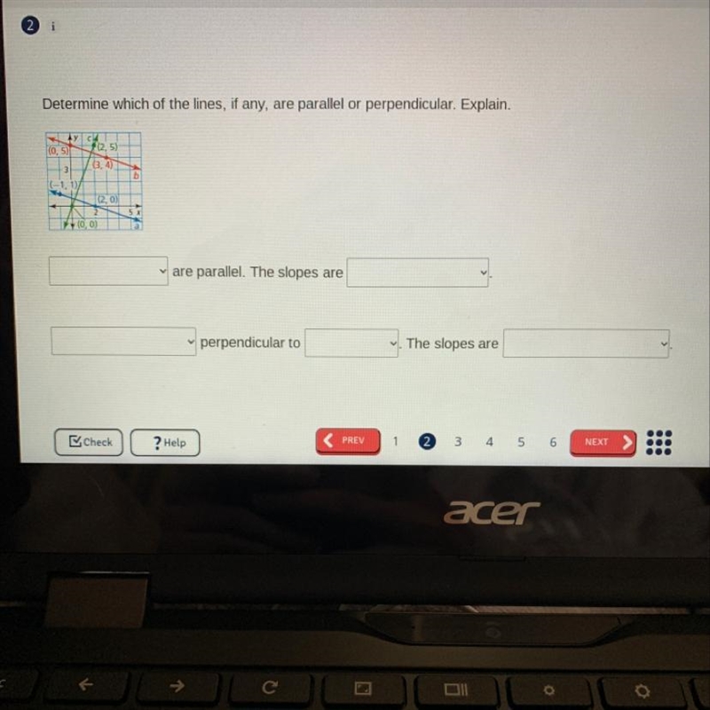 Determine which of the lines,if any, are parallel or perpendicular. Explain.-example-1