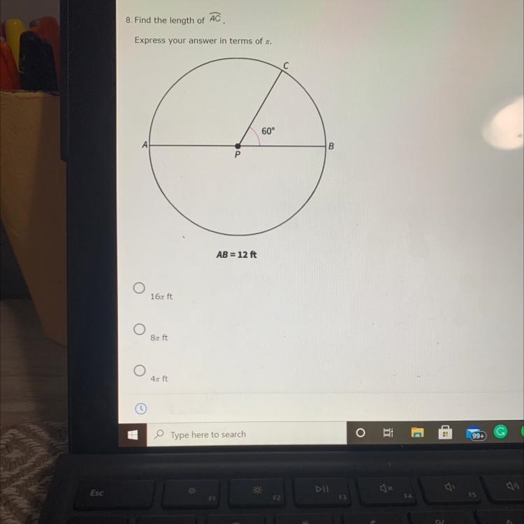 8. Find the length of AC Express your answer in terms of . 60° A B P AB = 12 ft a-example-1