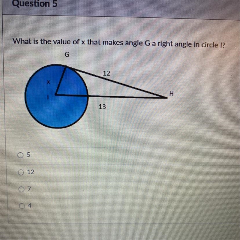 What is the value of x that makes angle G a right angle in circle I?-example-1