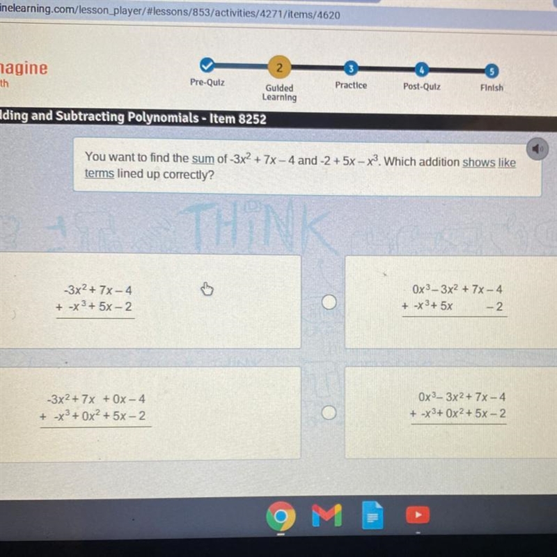 You want to find the sum of -3x2 + 7x-4 and -2 + 5x - x3. Which addition shows like-example-1