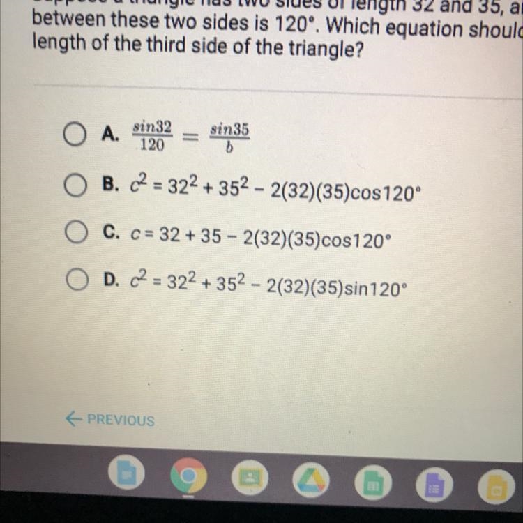 Suppose a triangle has two sides of length 32 and 35, and that the angle between these-example-1