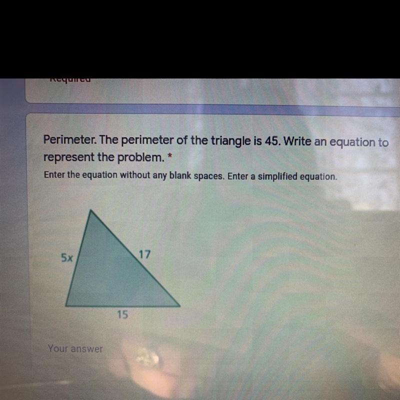 2 points Perimeter. The perimeter of the triangle is 45. Write an equation to represent-example-1