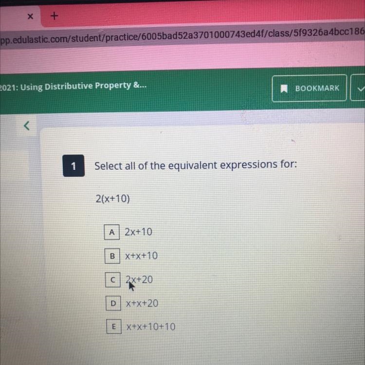 Select all of the equivalent for: 2(x+10) Helppppp pls-example-1