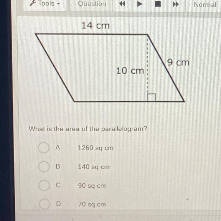 14 cm 9 cm 10 cm What is the area of the parallelogram? A 1260 sq cm B 140 sq cm С-example-1