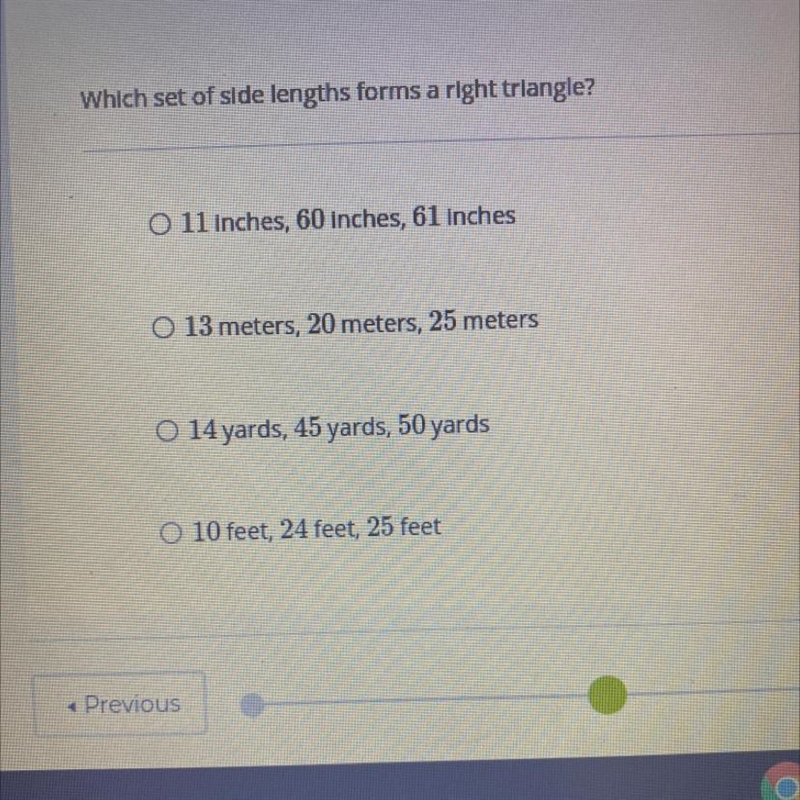 Which set of side lengths forms a right triangle?-example-1