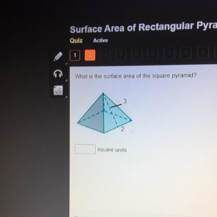 I need this quick!!What is the surface area of the square pyramid? square units-example-1