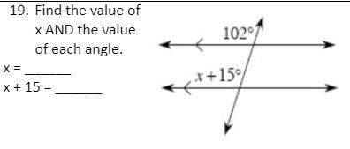 Find the value of x AND the value of each angle.-example-1