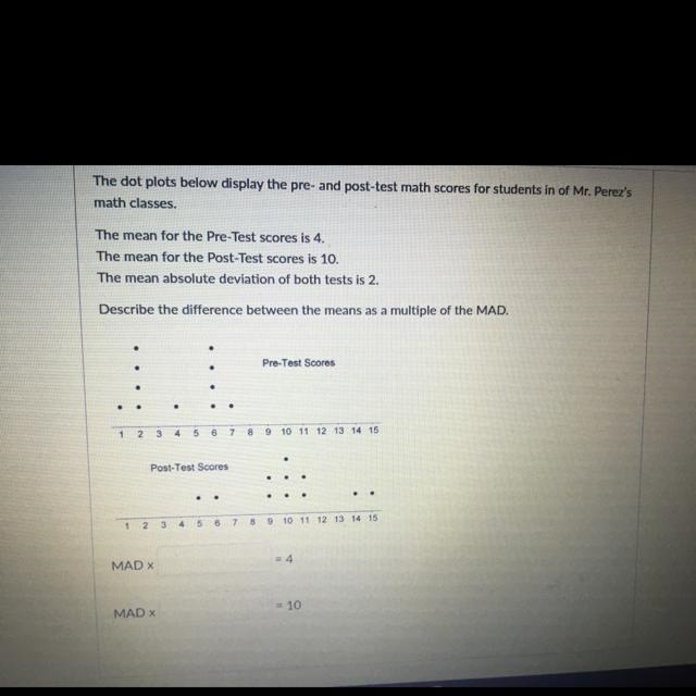 The dot plots below display the pre- and post-test math scores for students in of-example-1