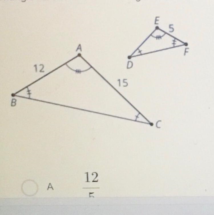 Triangle ABC is similar to triangle EFD. What scale factor is required to dilate triangle-example-1