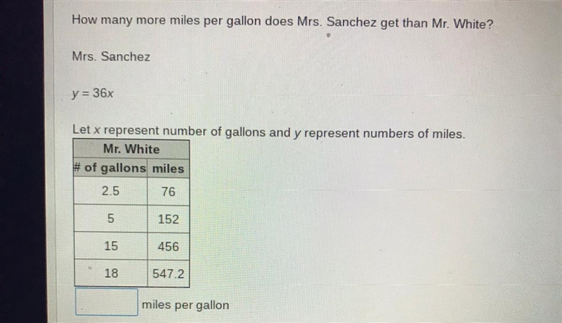 How many more miles per gallon does Mrs. Sanchez get than Mr. White? Mrs. Sanchez-example-1