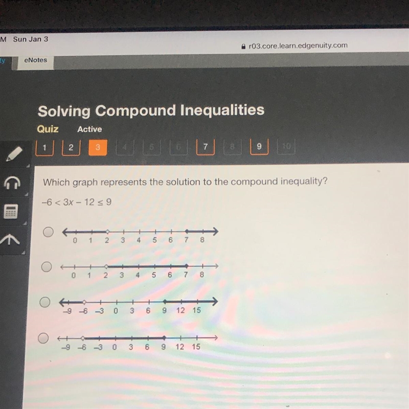 Which graph represents the solution to the compound inequality? -6<3x-12 s9 1 2 O-example-1