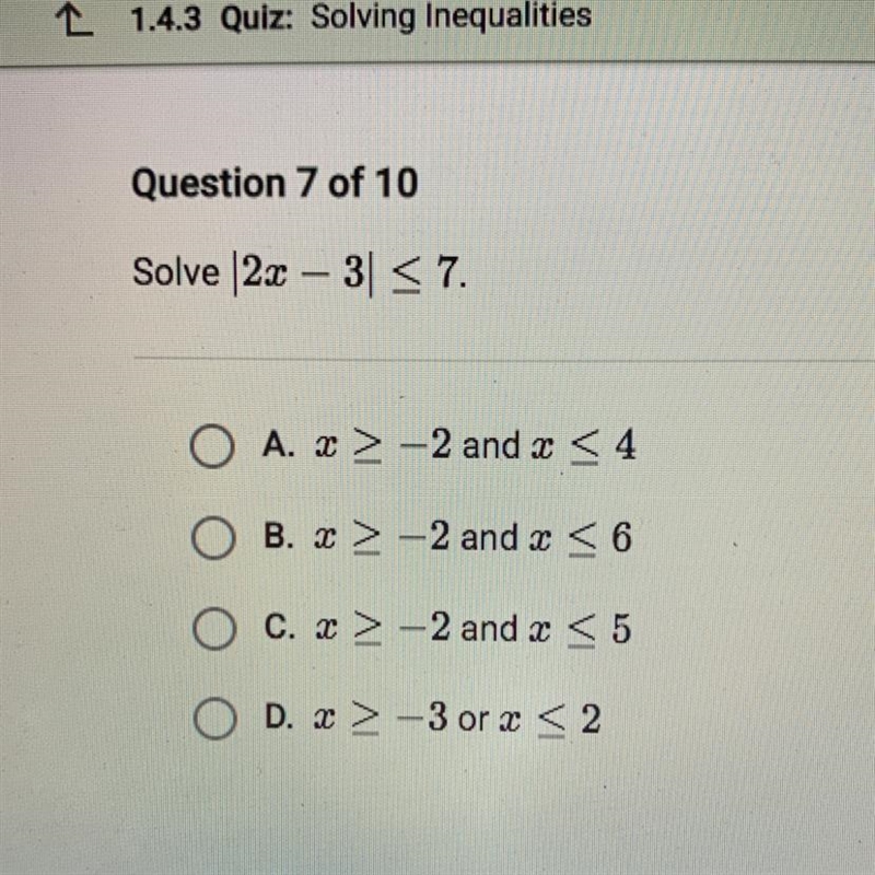 Solve |2x - 3|< 7 help pls!!-example-1