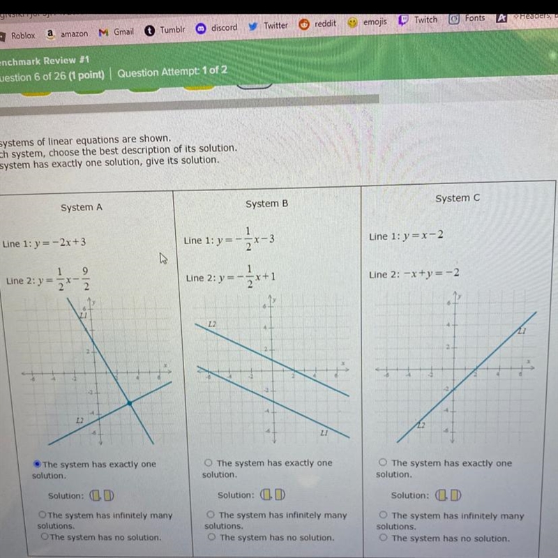 Three systems of linear equations are shown what are the answers for each one?-example-1