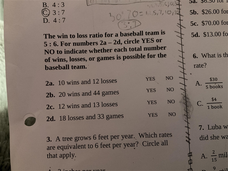 The win to loss ratio for baseball is 5:6. For numbers 2a-2d, circle YES or NO to-example-1