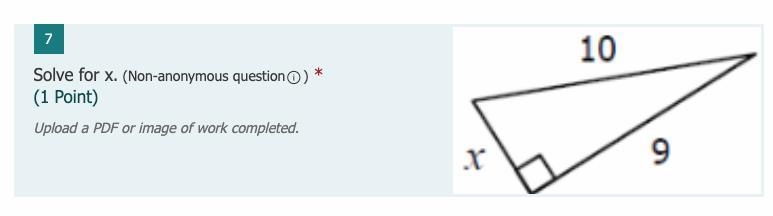 Solve for x. One side = 10 Another side = 9 One side = x (It's a right triangle.)-example-1