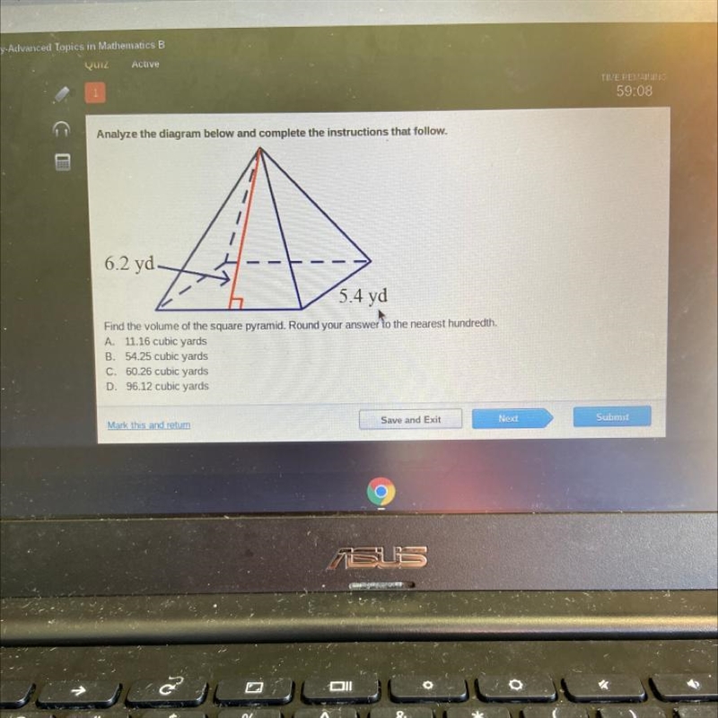 Find the volume of the square pyramid. Round your answer to the nearest hundredth-example-1