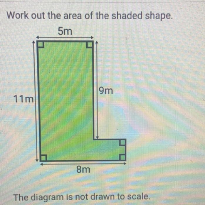 Work out the area of the shaded shape. 5m 9m 11m 8m The diagram is not drawn to scale-example-1