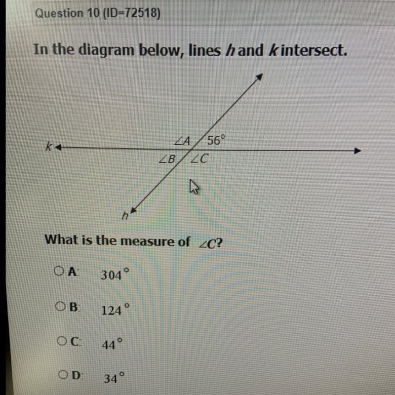 In the diagram below, lines h and k intersect, What is the measure of C-example-1