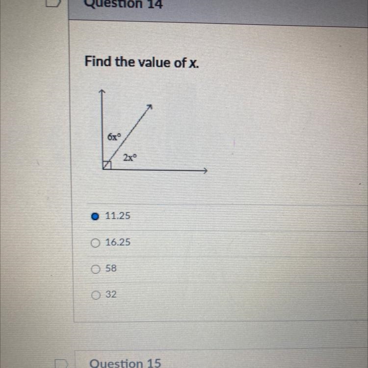 Find the value of x. 6x 2x 11.25 0 16.25 58 032-example-1