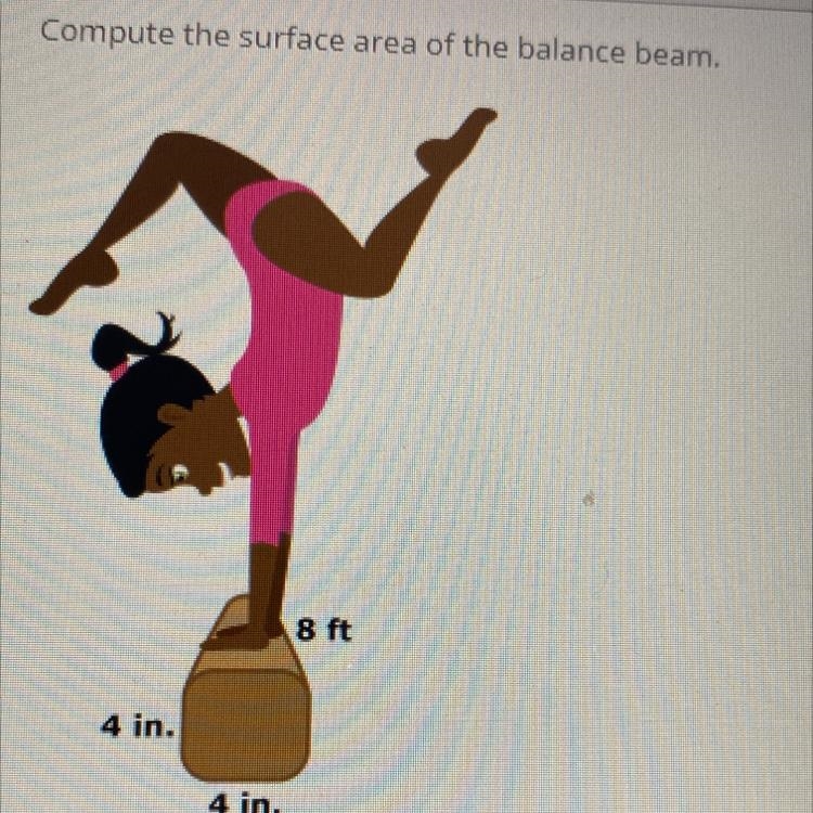 Compute the surface area of the balance beam. A 128 in2 B. 160 in? C. 1536 in2 D. 1568 in-example-1