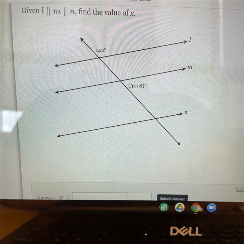 Given 2 || m || n, find the value of x. 142° m (3x+8)° n PLSSSS HELP MEEEE-example-1