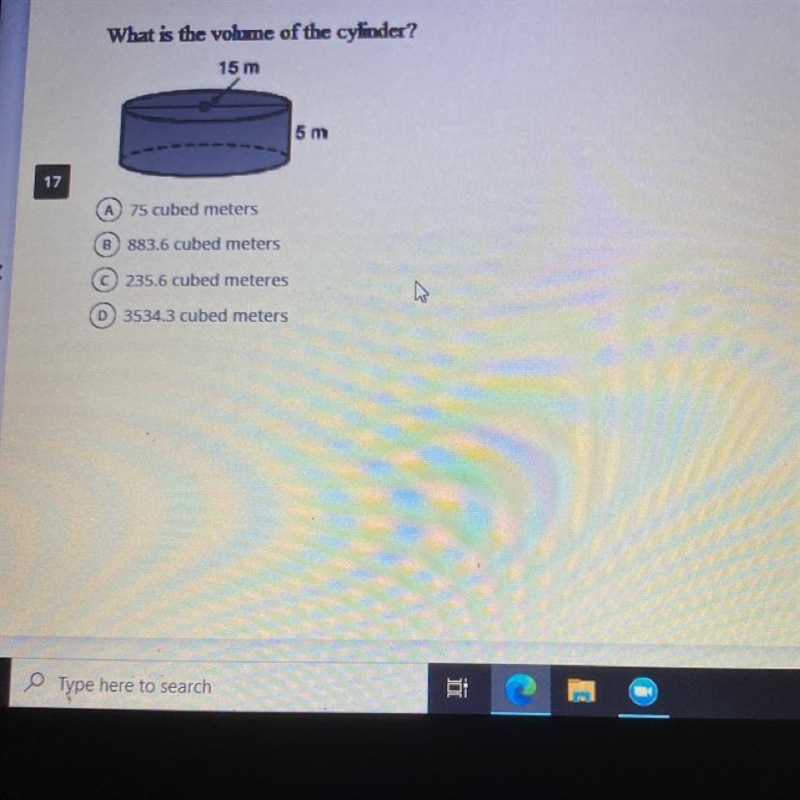 What is the volume of the cylinder? A 75 cubed meters B) 883.6 cubed meters C 235.6 cubed-example-1