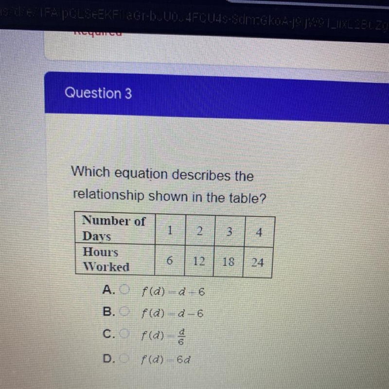 Which equation describes the relationship shown in the table? A.f(d)=d-6 B.f(d)=d-example-1