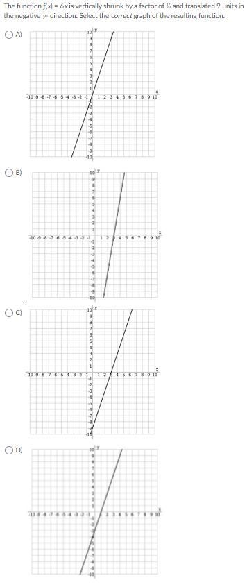 The function ƒ(x) = 6x is vertically shrunk by a factor of ½ and translated 9 units-example-1