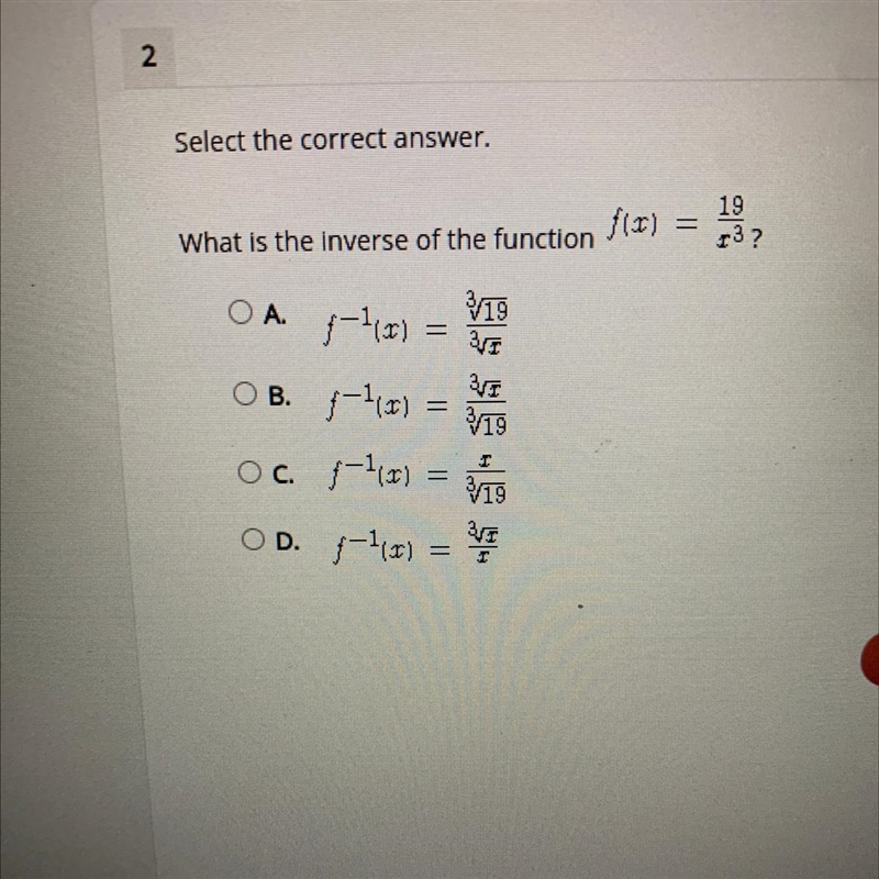 What is the inverse of the function f(x) 19 13? OA-110) = 319 OB. 5-1,5) = 19 T 319 Oc-example-1