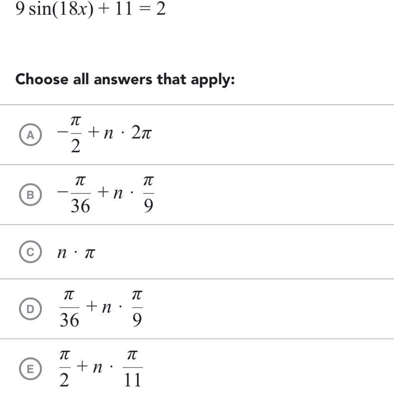 How do I solve this? Pi/2 +n*pi is also an option. There may be multiple options.-example-1