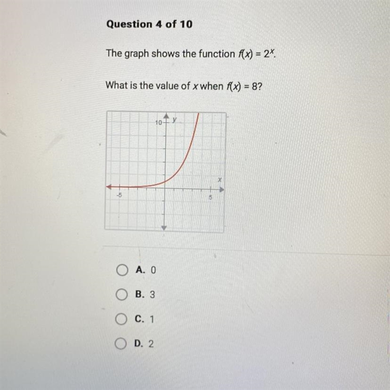 The graph shows the function f(x) = 2*. What is the value of x when f(x) = 8? a ) 0 b-example-1