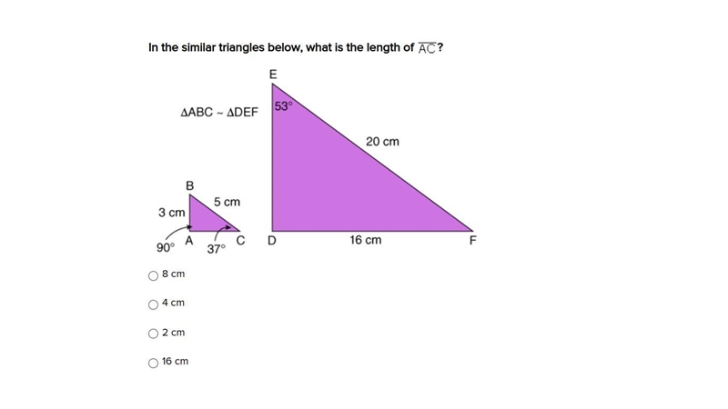 In the similar triangles below, what is the length of ? 8 cm 4 cm 2 cm 16 cm plz help-example-1