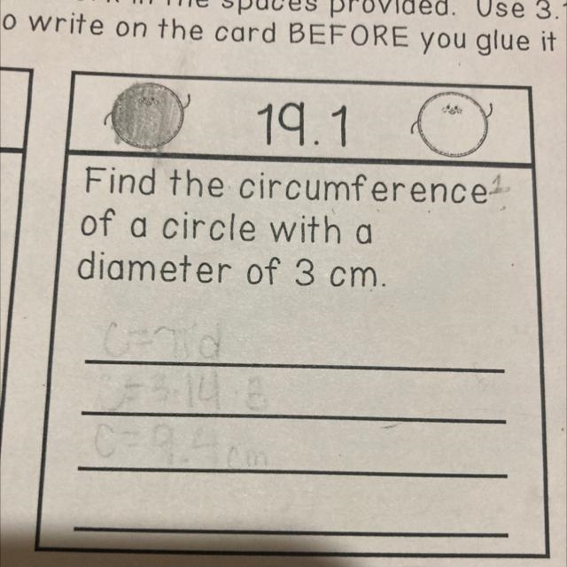 19.1 Find the circumference of a circle with a diameter of 3 cm.-example-1