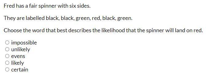 Tom has a fair spinner with six sides. They are labelled black, black, green, red-example-1