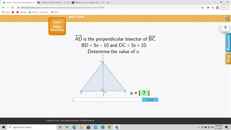 AD is the perpendicular bisector of BC. BD = 5x - 10 and DC = 3x + 10. Determine the-example-1