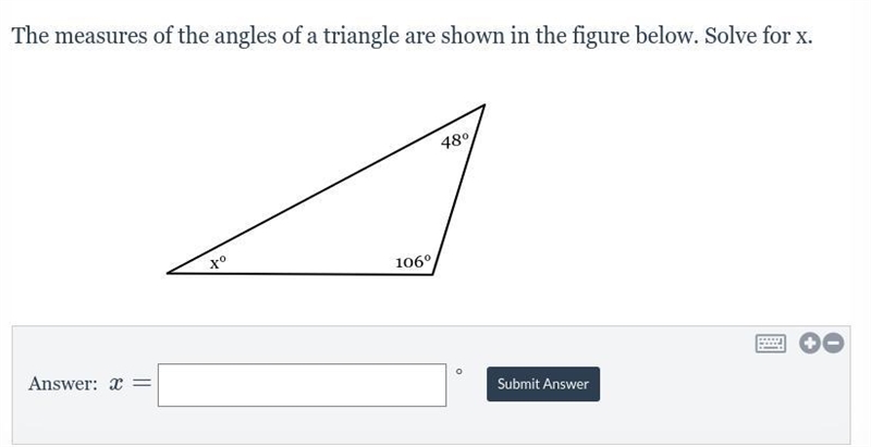 The measures of the angles of a triangle are shown in the figure below. Solve for-example-1