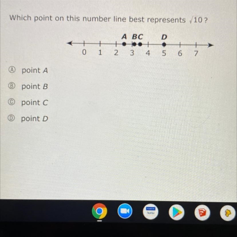 2 Which point on this number line best represents 10? point A point B point C point-example-1