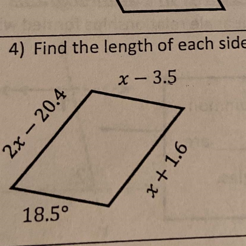 4) Find the length of each side. Please help ASAP. I NEED it. I’m begging you!!-example-1