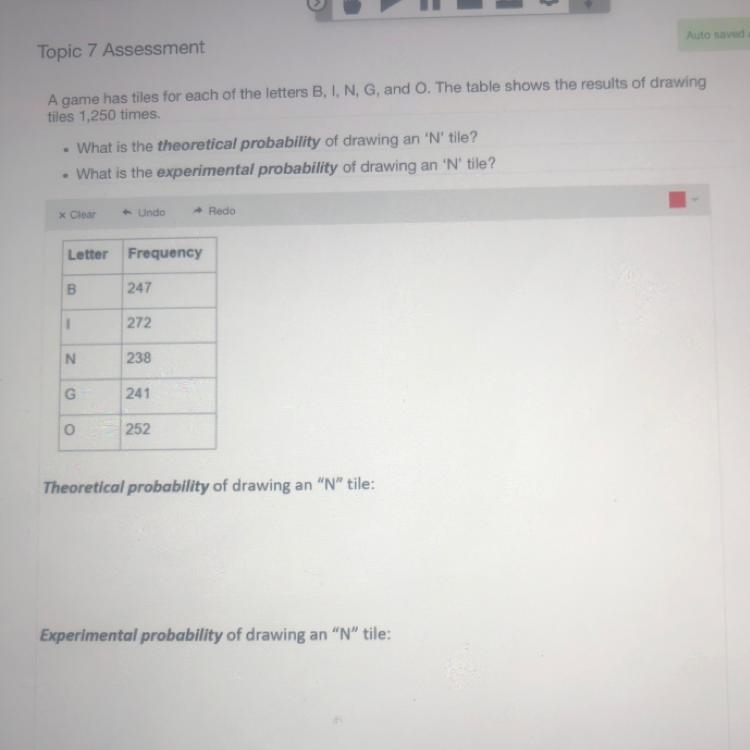 Theoretical probability of drawing an 'N' tile? What is the experimental probability-example-1