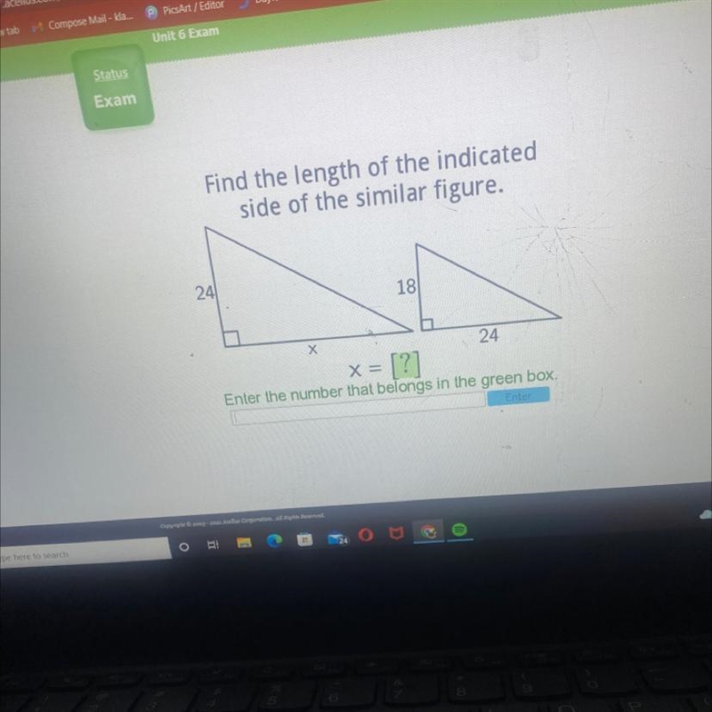 Find the length of the indicated side of the similar figure. 24 18 24 x = [?] Enter-example-1