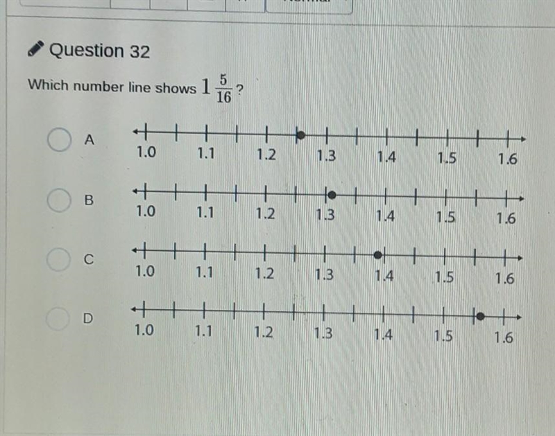 Which number line shows 1 5/16 ​-example-1