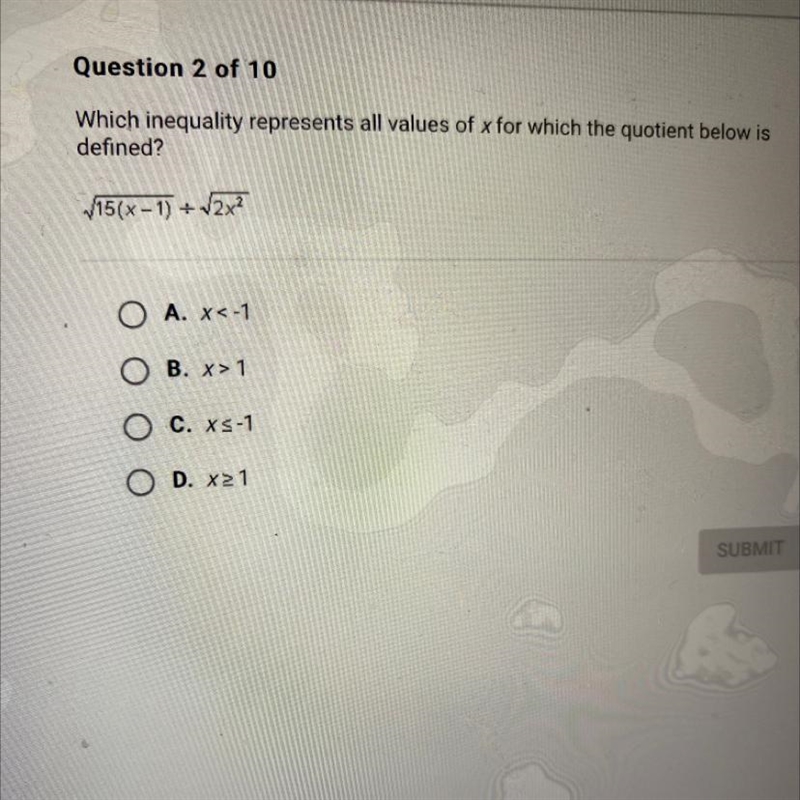 Which inequality represents all values of x for which the quotient below is defined-example-1