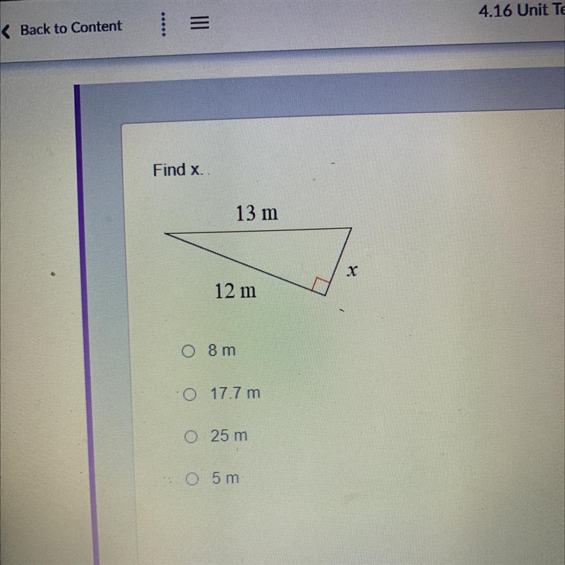 Find x. 13m 12m O 8 m 0 17.7 m O 25 m O 5 m-example-1