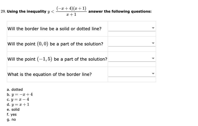 Anwers : a. dotted b. y=-x+4 c. y=x-4 d. y=x+1 e. solid f. yes g. no-example-1