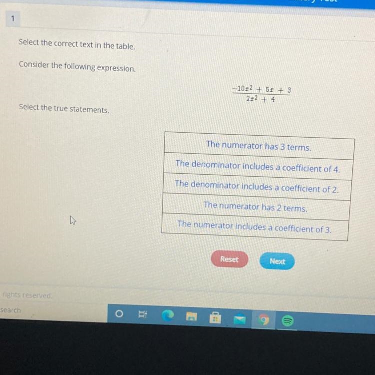 1 Select the correct text in the table. Consider the following expression. -102 + 5 + 3 2.12 + 4 Select-example-1