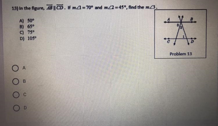 In the figure, AB || CD. If m<1=70° and m<2 = 45°, find the m<3-example-1