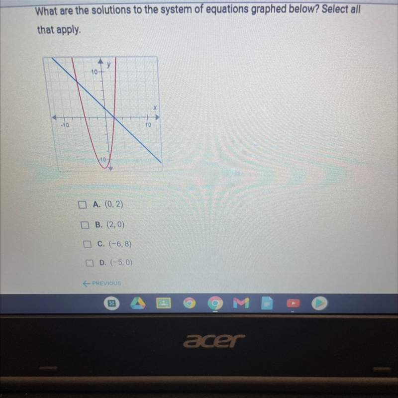 What are the solutions to the system of equations graphed below? Select all that apply-example-1