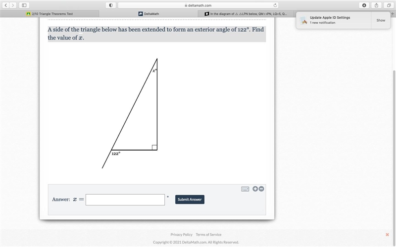 A side of the triangle below has been extended to form an exterior angle of 122°. Find-example-1