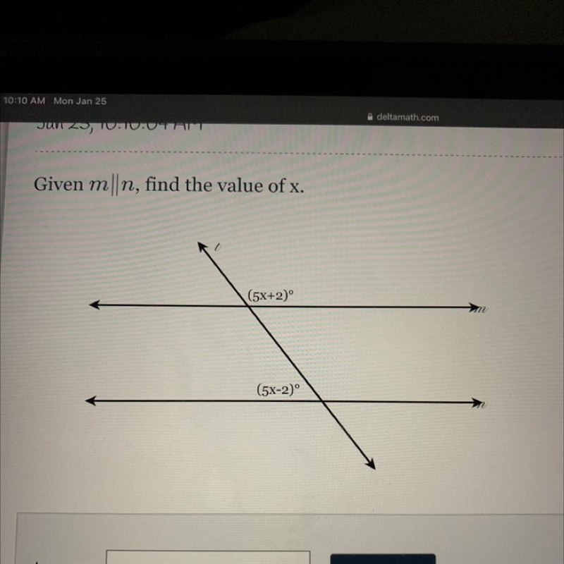 Given m||n, find the value of x. (5x+2) (5x-2)-example-1