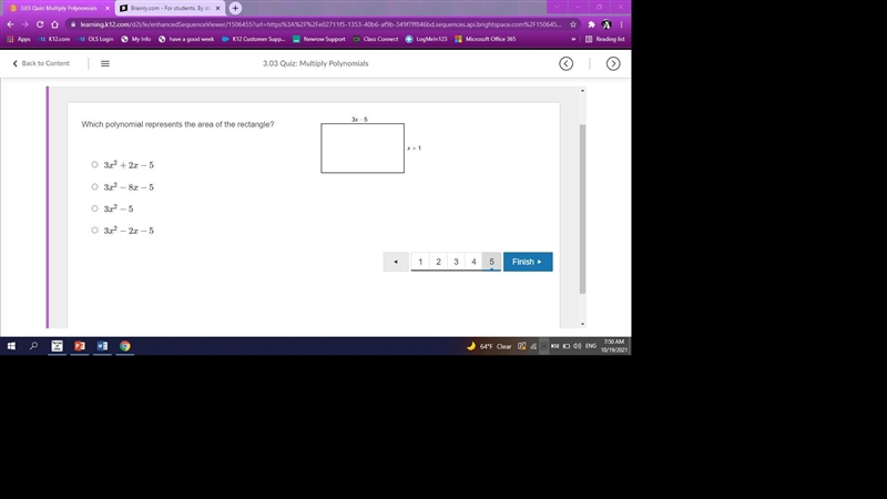 Which polynomial represents the area of the rectangle? 3x-5= x+1-example-1